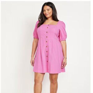 NEW Old Navy Puff-Sleeve Linen-Blend Mini Dress Vivid Begonia | XXL
